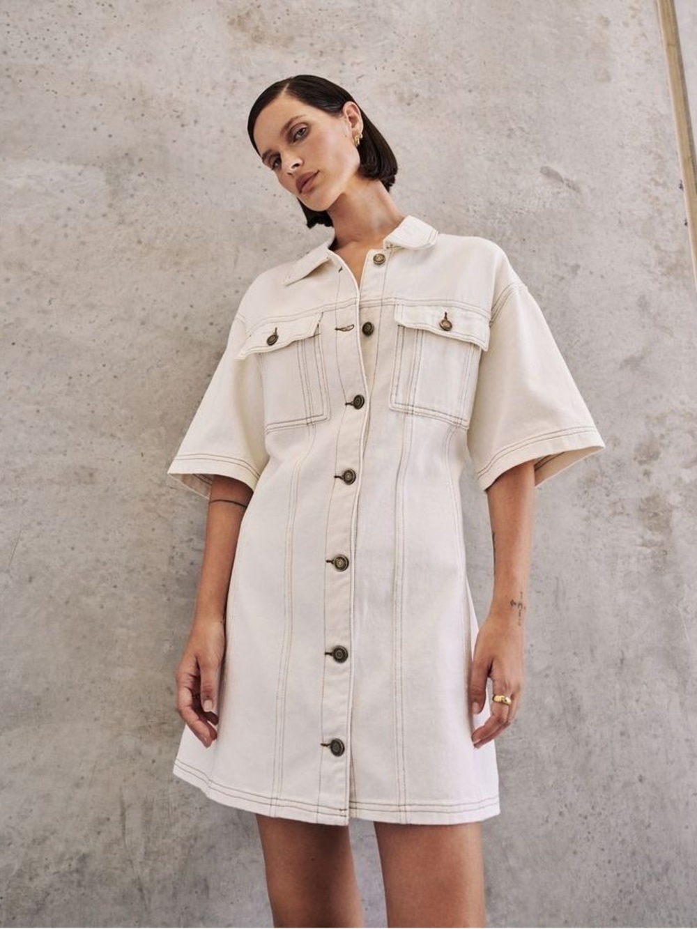 DISSH DENIM Jean MINI shirt DRESS button up classic size 2 cream white classic